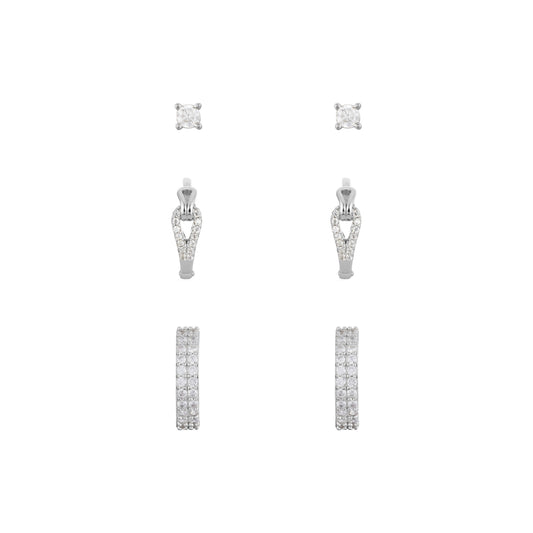 Argento Silver Rein Link CZ Stud Hoop Set