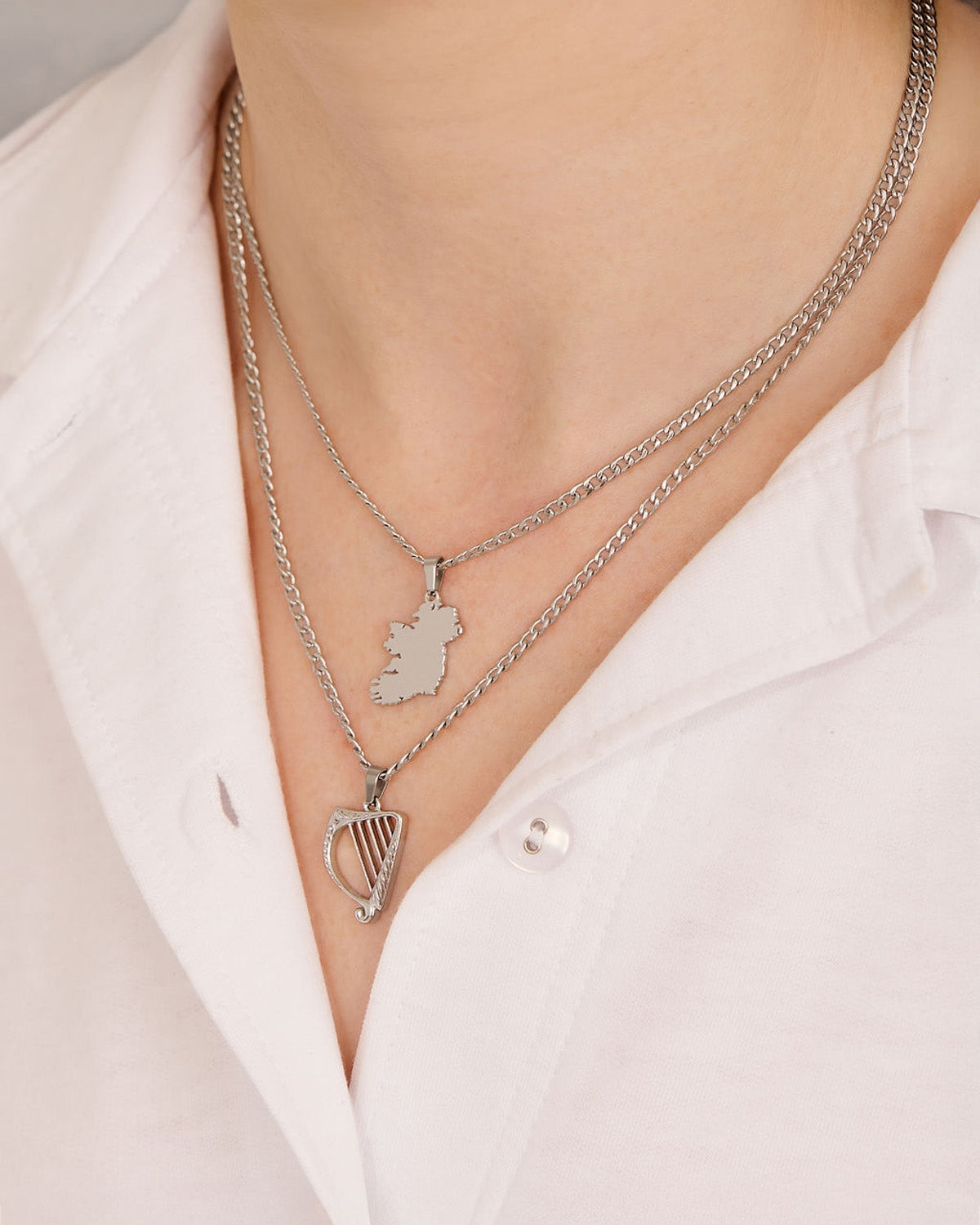 Over & Over Silver Stainless Steel Ireland Harp Necklace Set