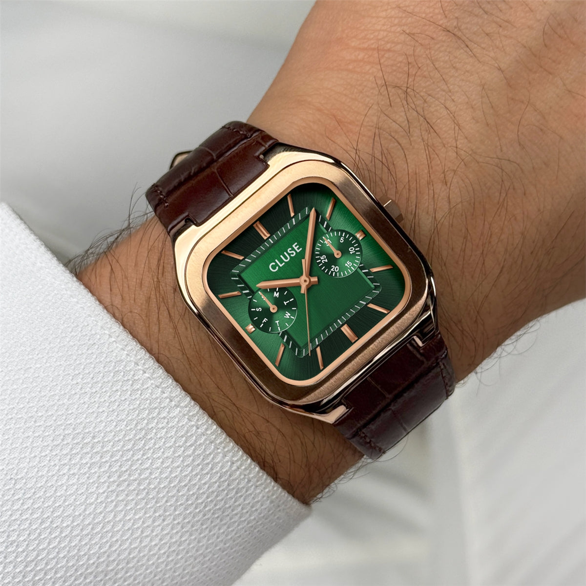 CLUSE Rose Gold Quadrus Multifunction Green Leather Watch