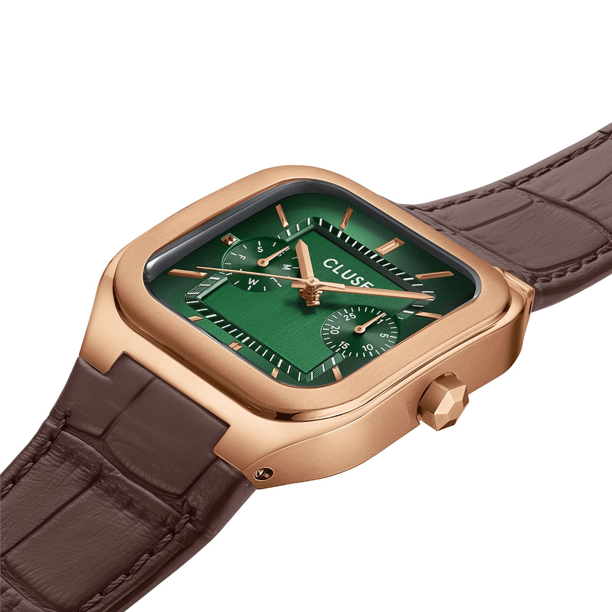 CLUSE Rose Gold Quadrus Multifunction Green Leather Watch