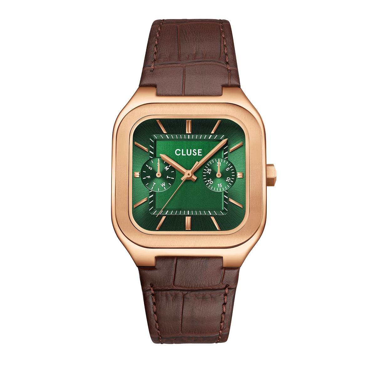 CLUSE Rose Gold Quadrus Multifunction Green Leather Watch