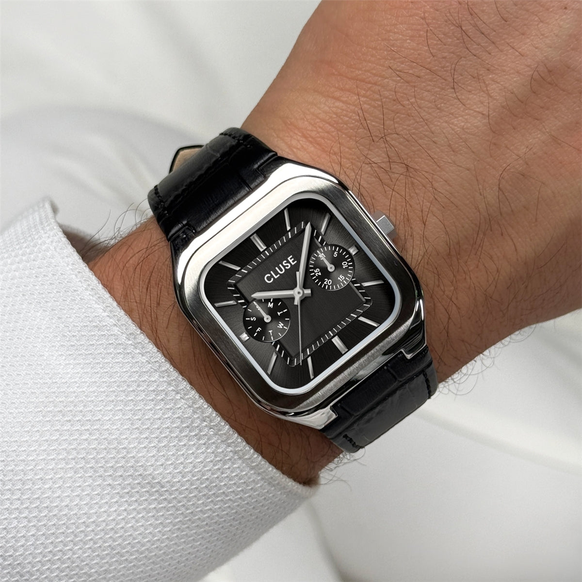 CLUSE Silver Quadrus MultiFunction Black Leather Watch