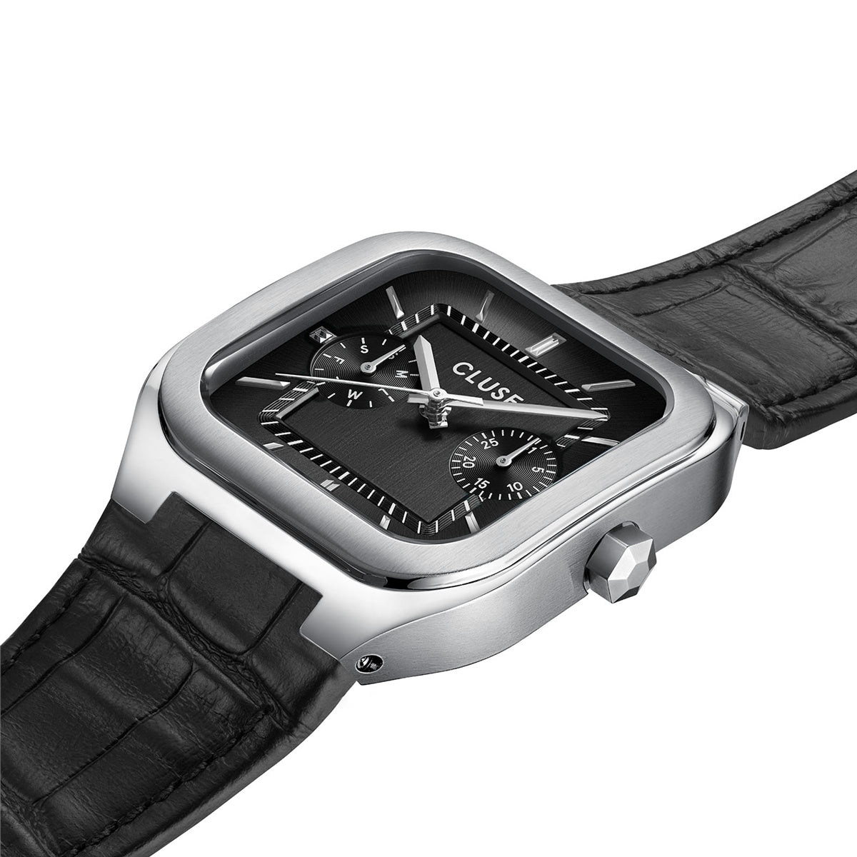 CLUSE Silver Quadrus MultiFunction Black Leather Watch