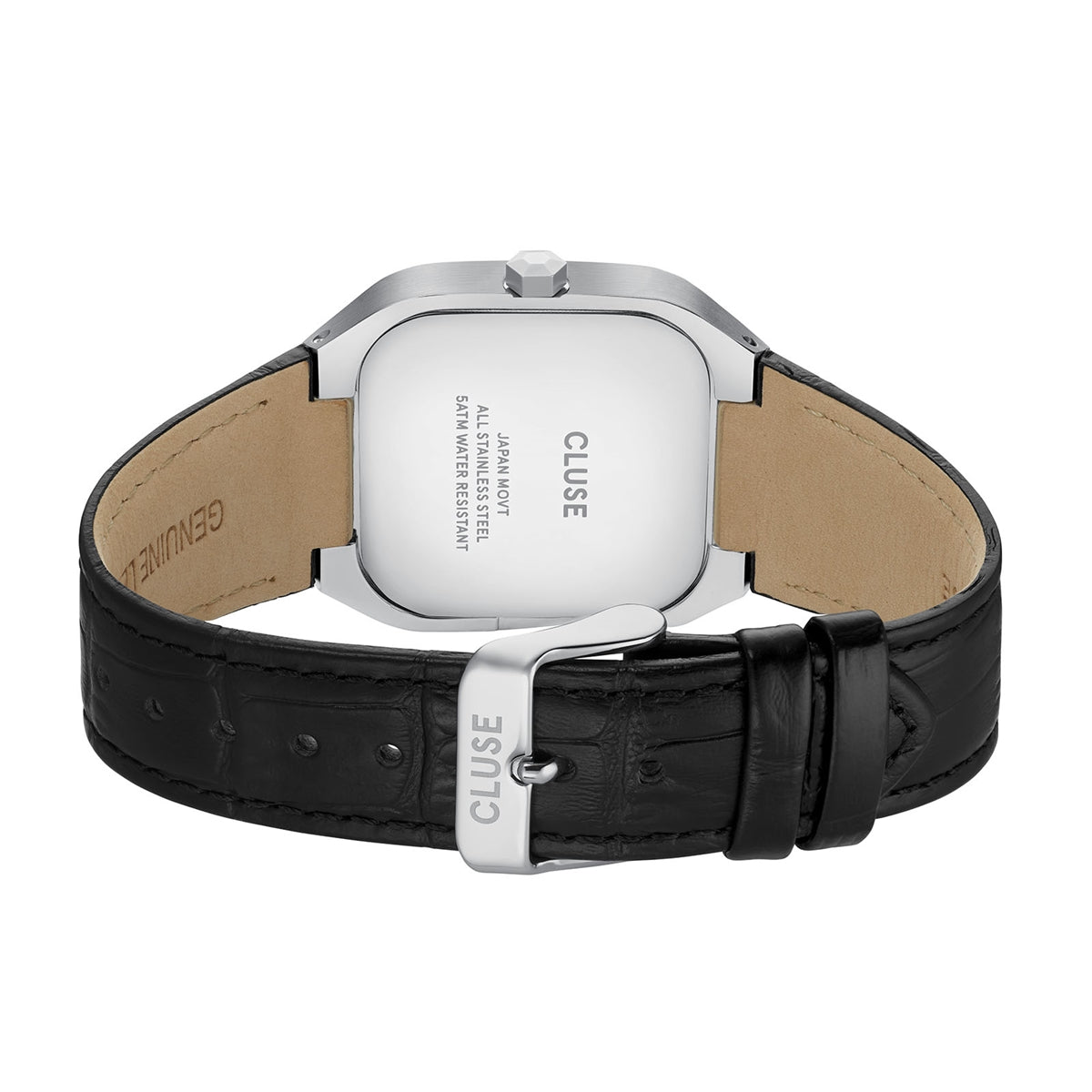 CLUSE Silver Quadrus MultiFunction Black Leather Watch