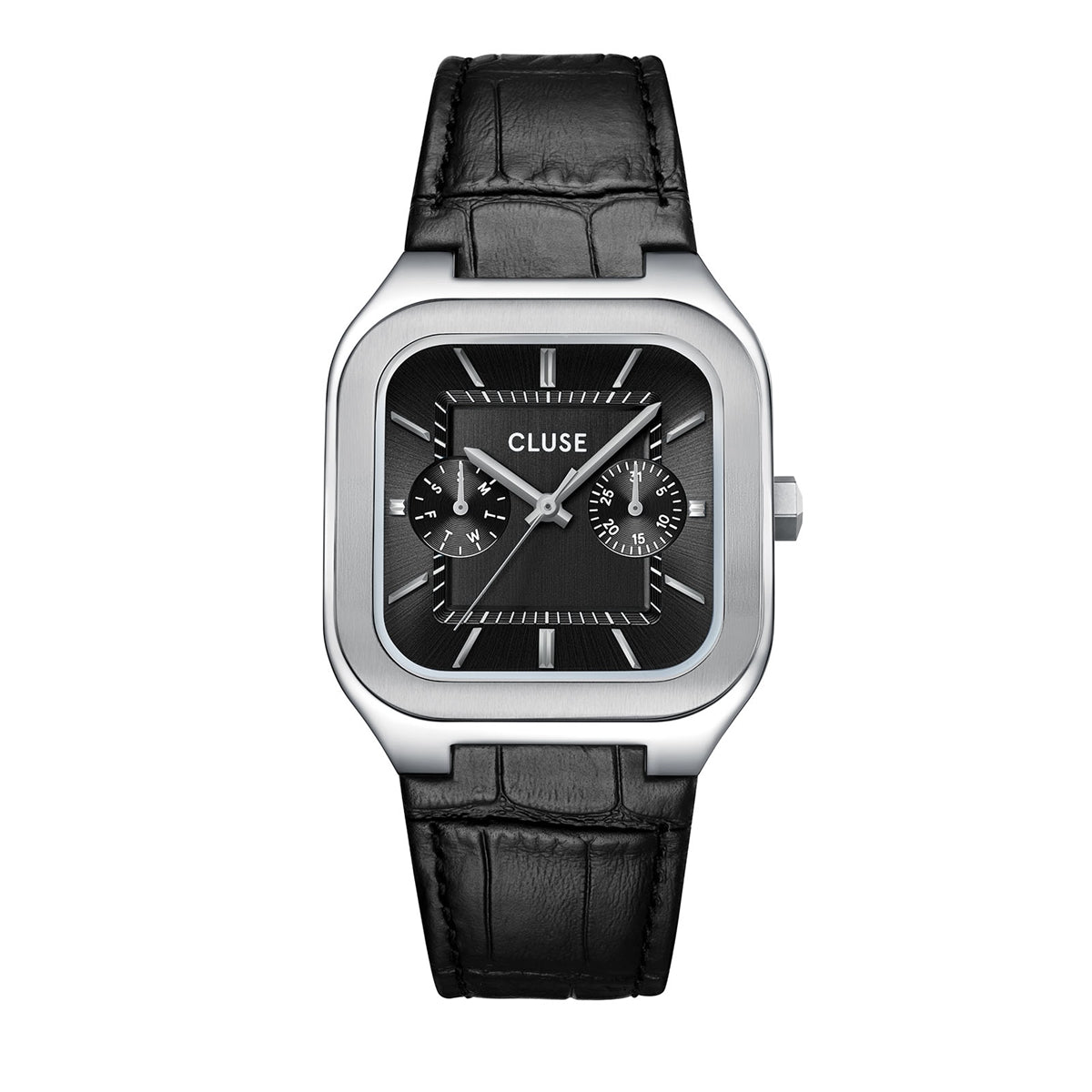 CLUSE Silver Quadrus MultiFunction Black Leather Watch