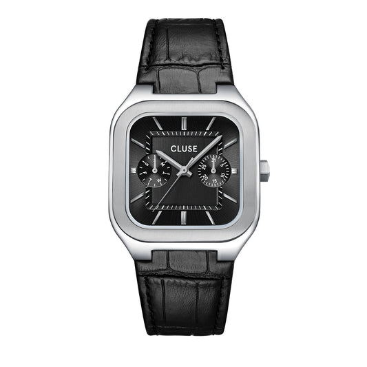 CLUSE Silver Quadrus MultiFunction Black Leather Watch