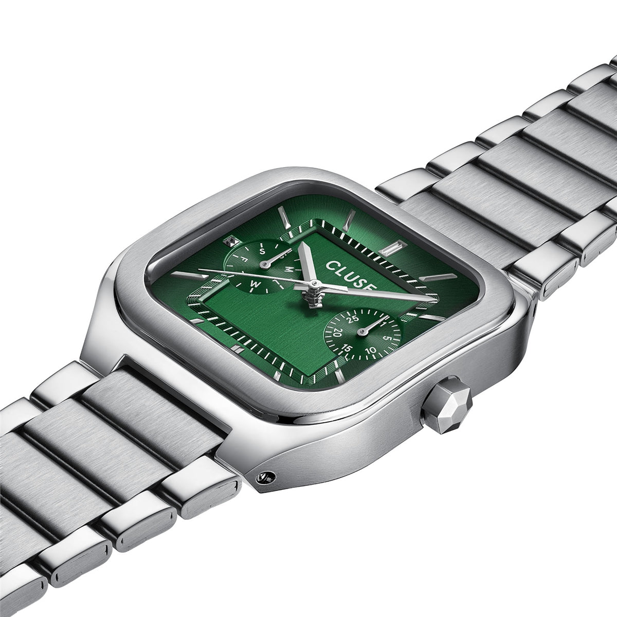 CLUSE Silver Quadrus Multifunction Green Watch