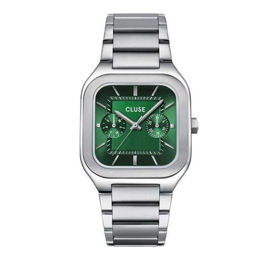 CLUSE Silver Quadrus Multifunction Green Watch