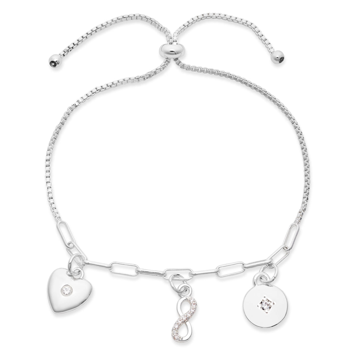 Karma Silver Infinity Heart Disc Charms Slide Bracelet