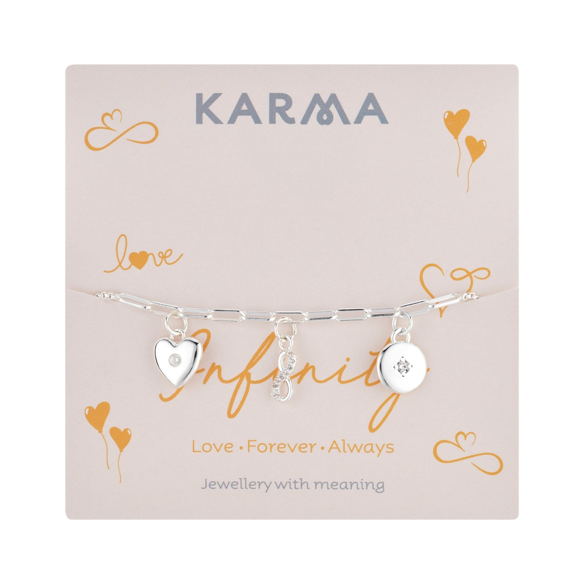 Karma Silver Infinity Heart Disc Charms Slide Bracelet