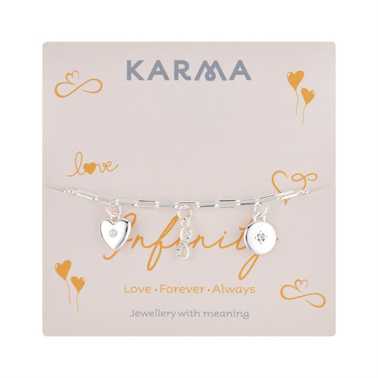 Karma Silver Infinity Heart Disc Charms Slide Bracelet