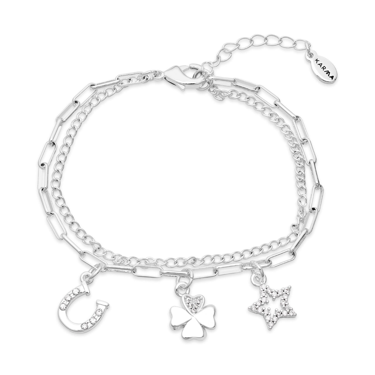 Karma Silver Lucky Dangle Charm Double Bracelet