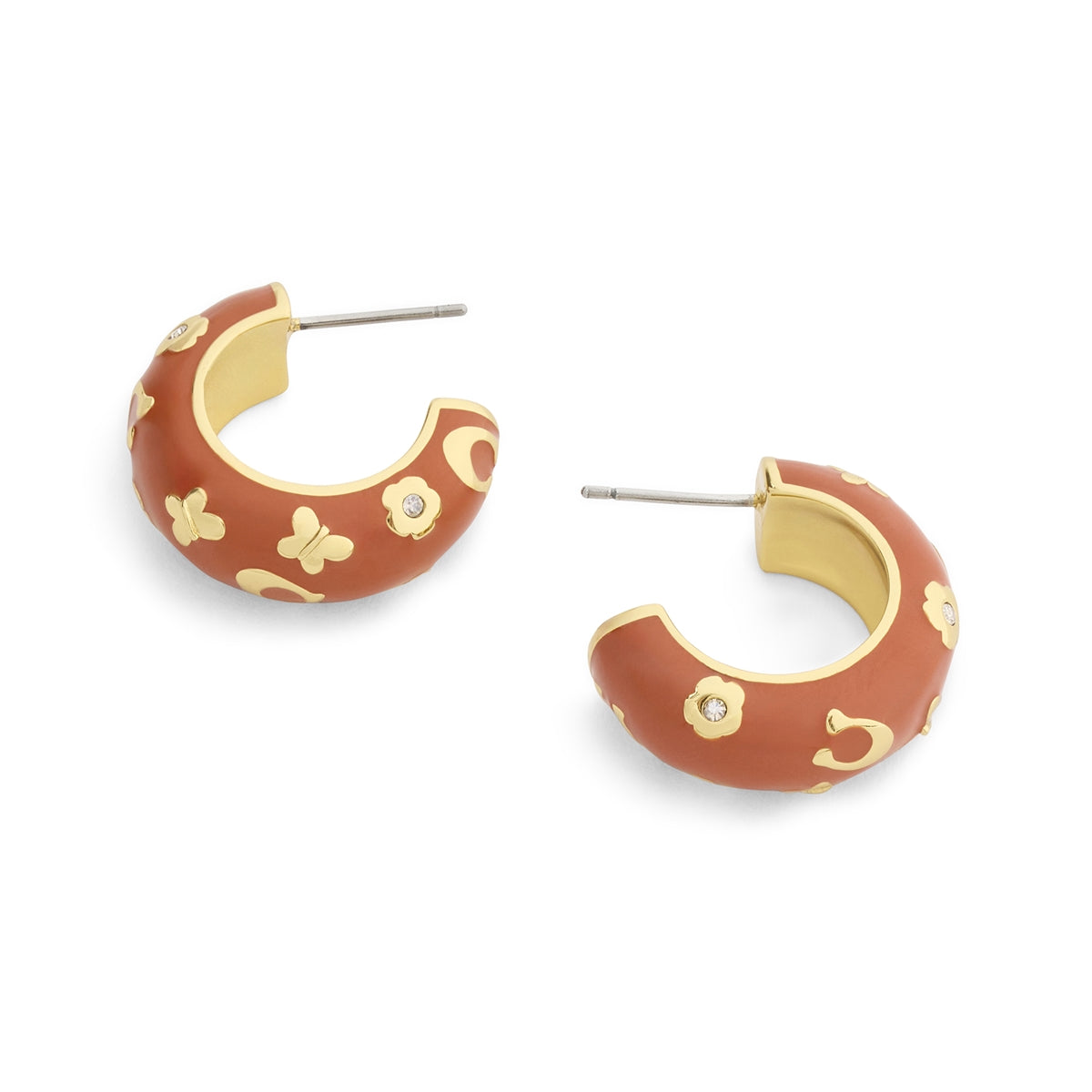 Coach Gold Brown Enamel Floral Chubby Hoops
