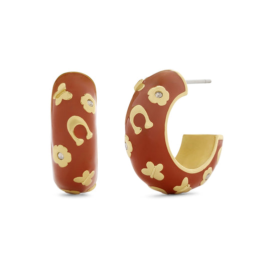 Coach Gold Brown Enamel Floral Chubby Hoops