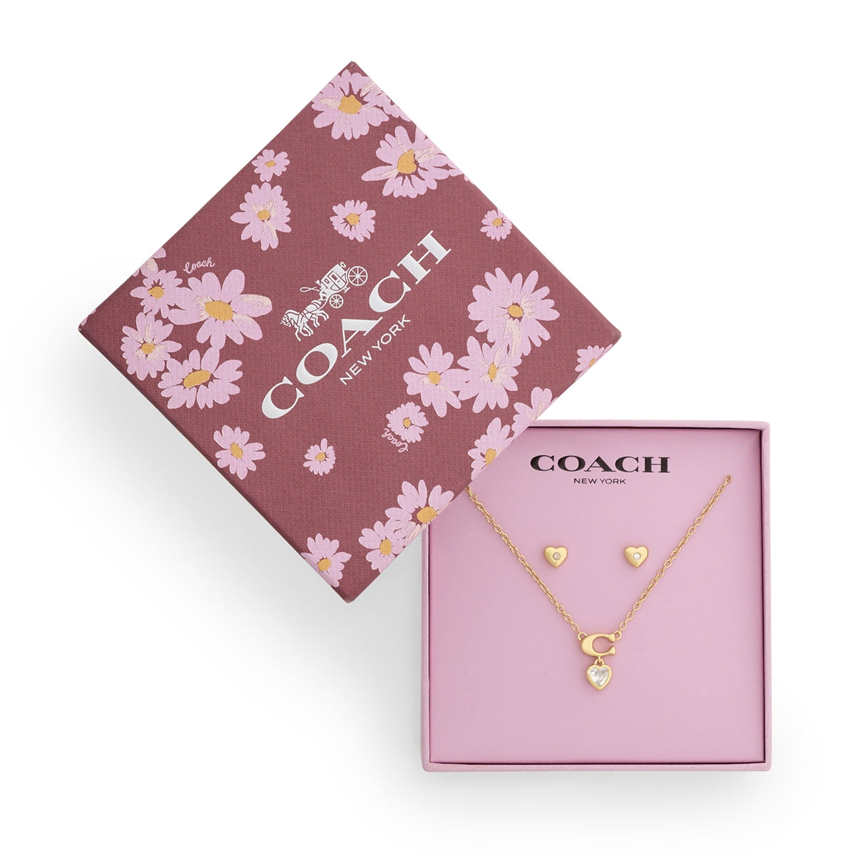 Coach Gold C Logo Crystal Heart Boxed Stud Necklace Set