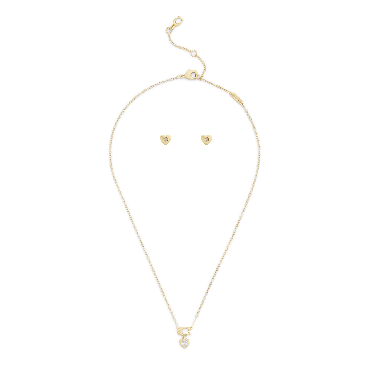 Coach Gold C Logo Crystal Heart Boxed Stud Necklace Set