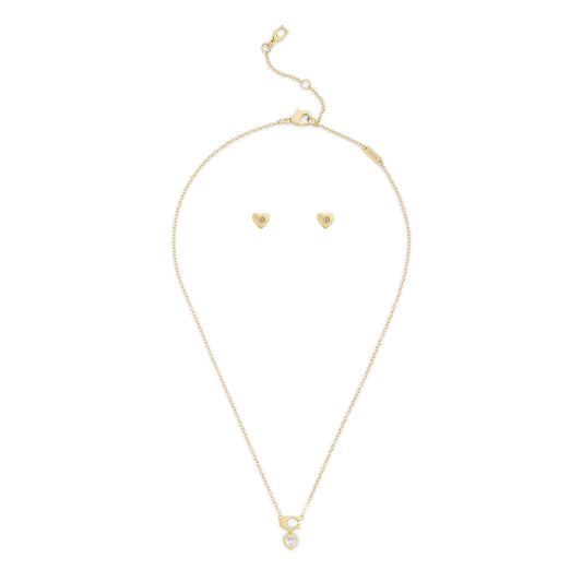 Coach Gold C Logo Crystal Heart Boxed Stud Necklace Set