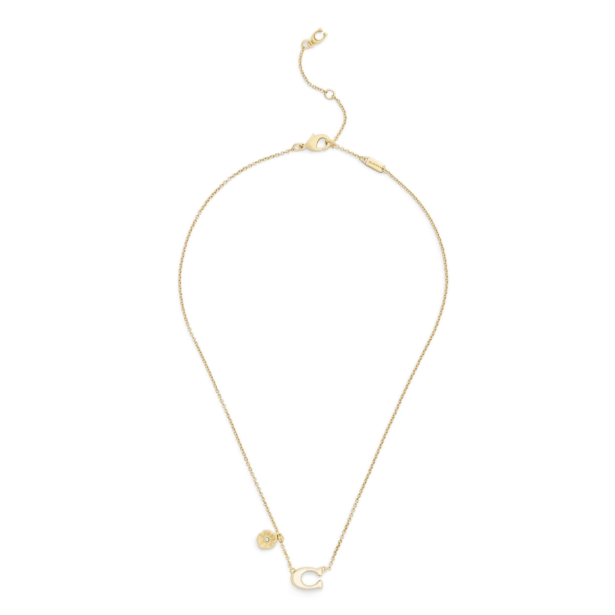Coach Gold C Logo White Enamel Tea Rose Charm Necklace