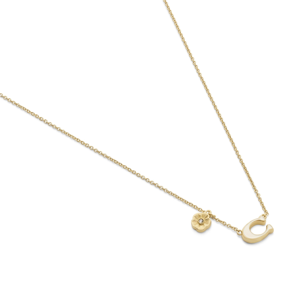 Coach Gold C Logo White Enamel Tea Rose Charm Necklace