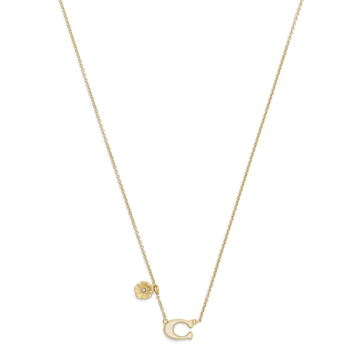 Coach Gold C Logo White Enamel Tea Rose Charm Necklace