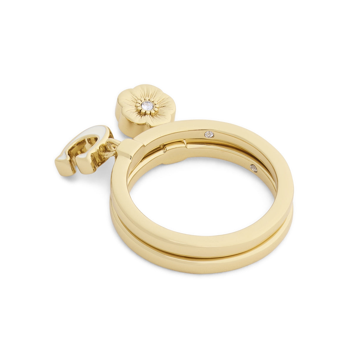 Coach Gold C Logo White Enamel Tea Rose Charm 2 Ring Set