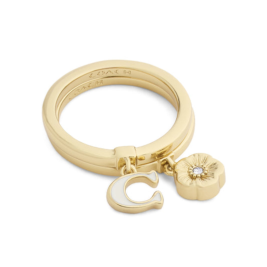 Coach Gold C Logo White Enamel Tea Rose Charm 2 Ring Set