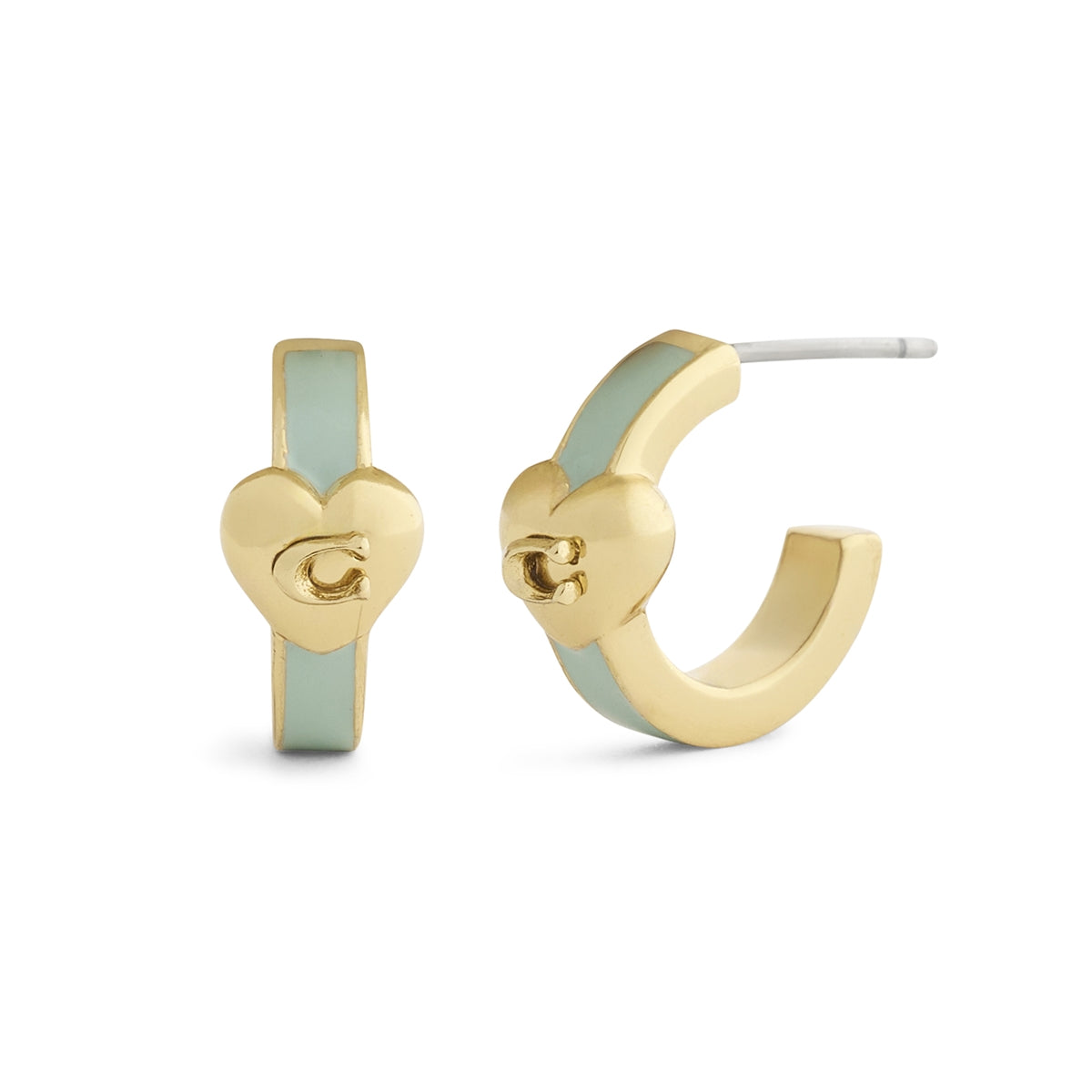 Coach Gold Green Enamel Heart Huggie Earrings