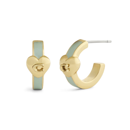 Coach Gold Green Enamel Heart Huggie Earrings