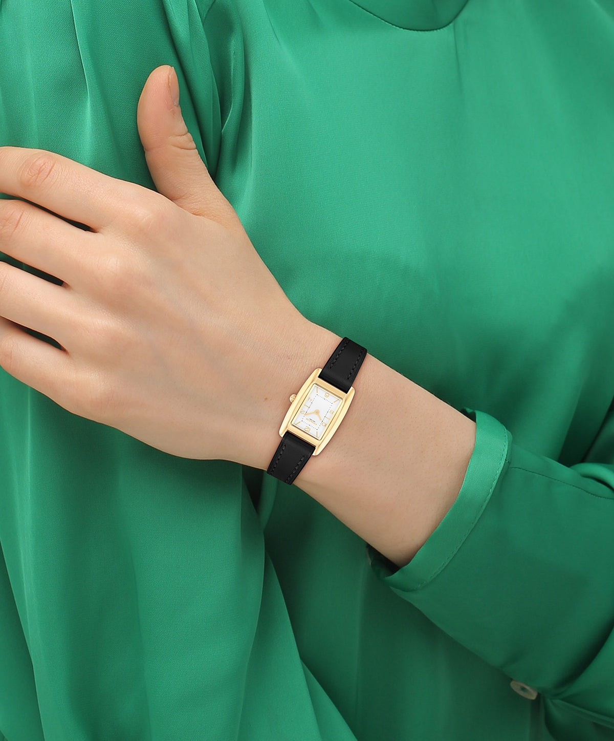 Coach Gold Reese Rectangle Black Leather Watch