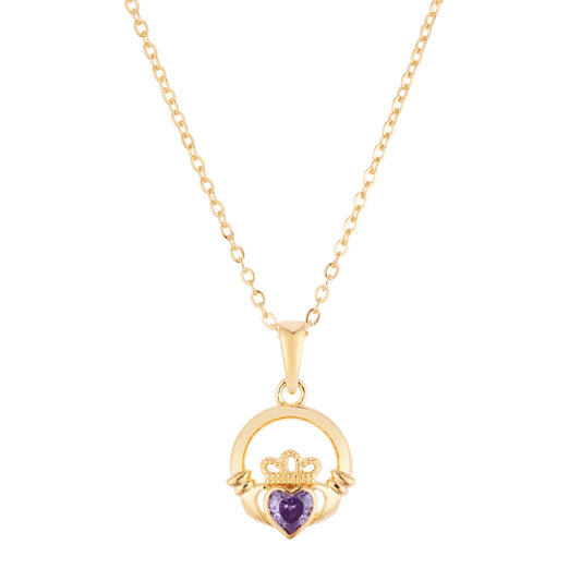 Argento Gold February Amethyst Claddagh Birthstone Necklace