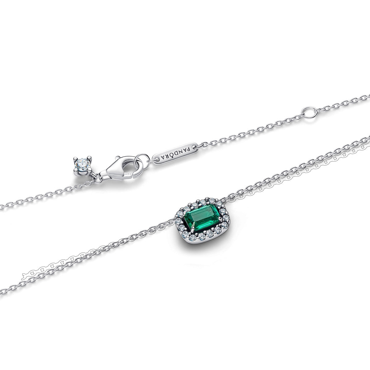 Pandora Silver Rectangular Sparkling Green Halo Pendant Necklace