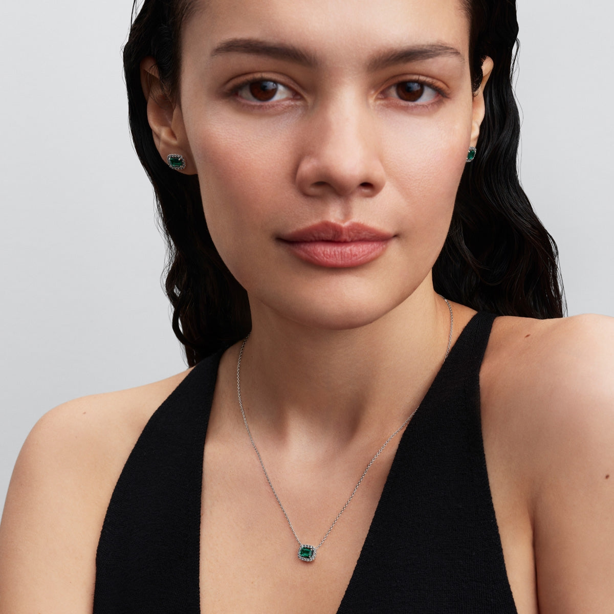 Pandora Silver Rectangular Sparkling Green Halo Pendant Necklace