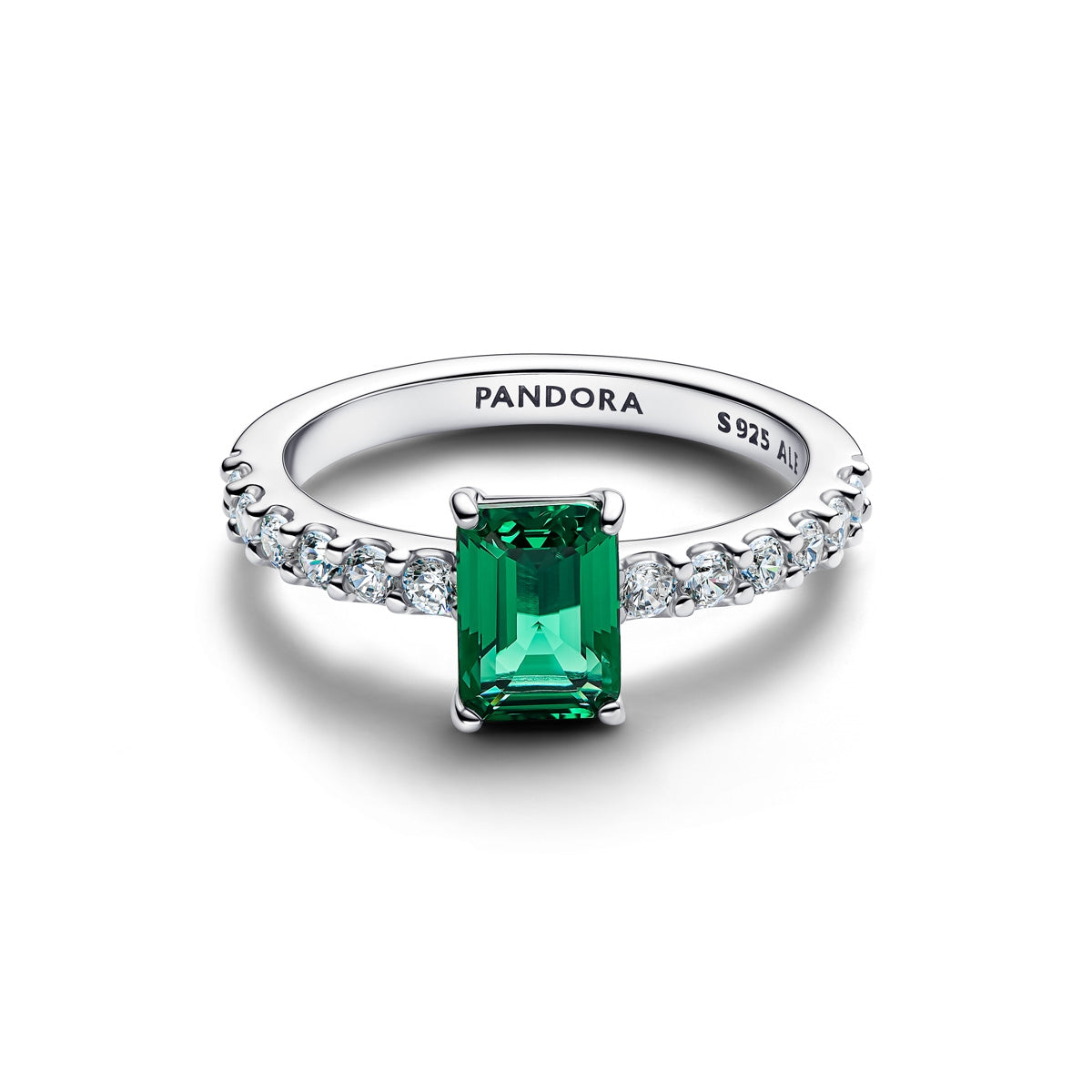 Pandora Silver Rectangular Sparkling Green Halo Ring