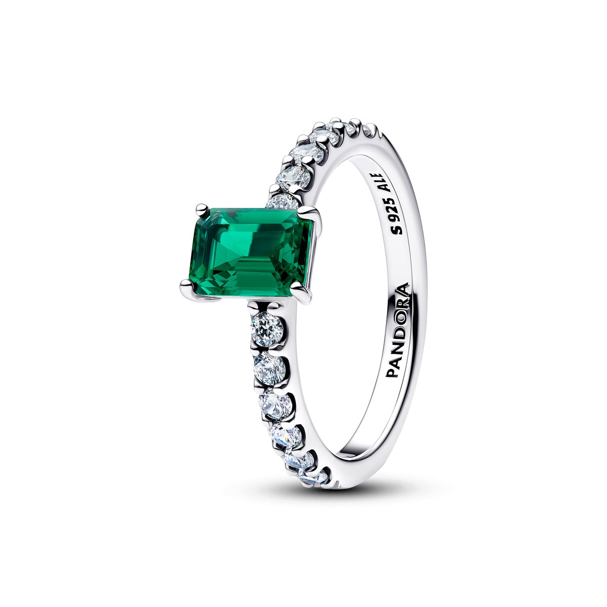 Pandora Silver Rectangular Sparkling Green Halo Ring