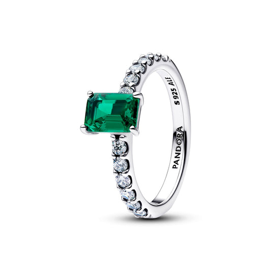 Pandora Silver Rectangular Sparkling Green Halo Ring