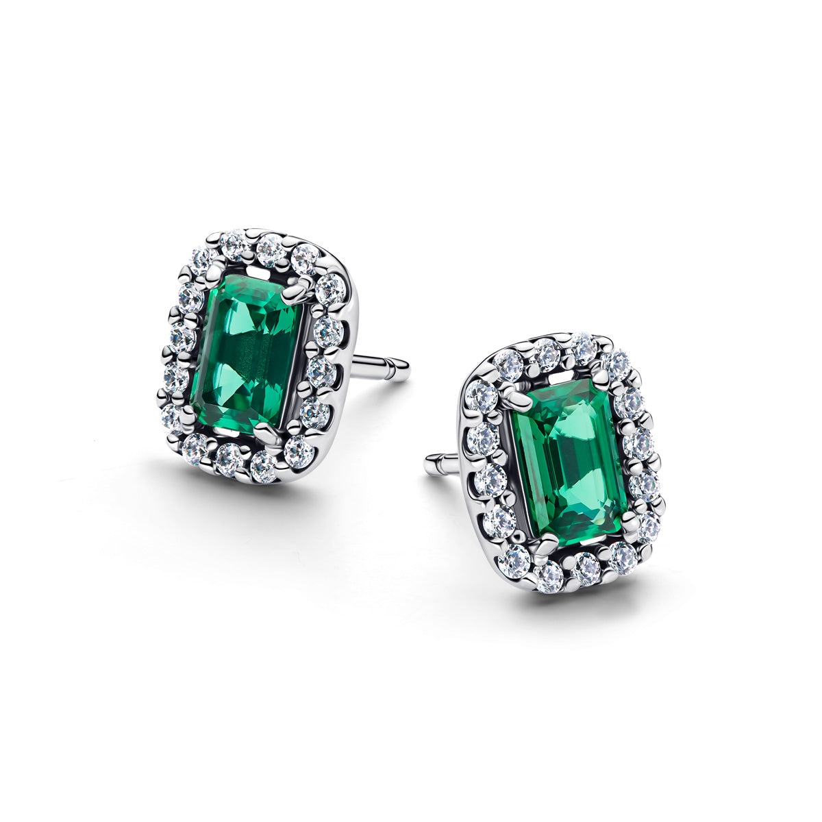 Pandora Silver Sparkling Green Rectangular Stud Earrings