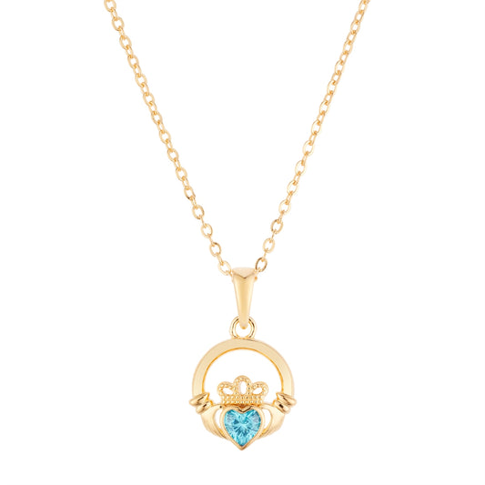 Argento Gold March Aquamarine Claddagh Birthstone Necklace
