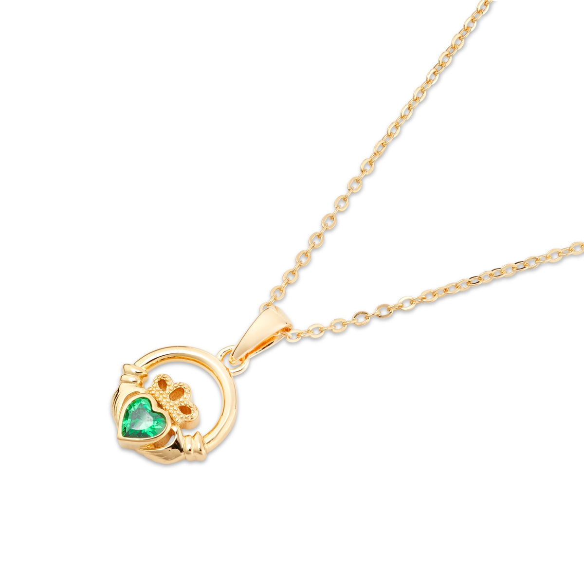Argento Gold May Green CZ Claddagh Birthstone Necklace