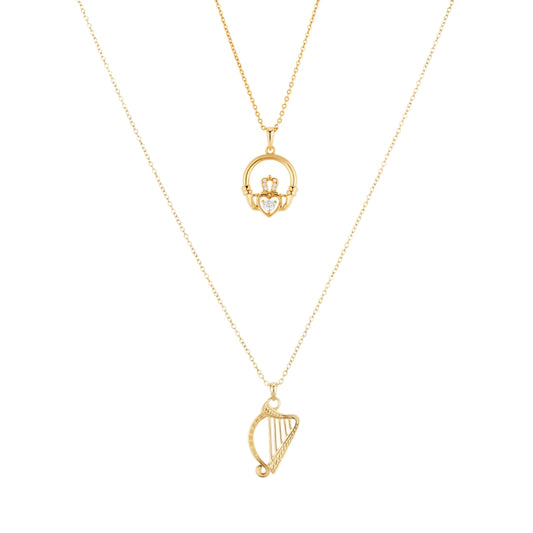Argento Gold Harp Claddagh CZ Necklace Set