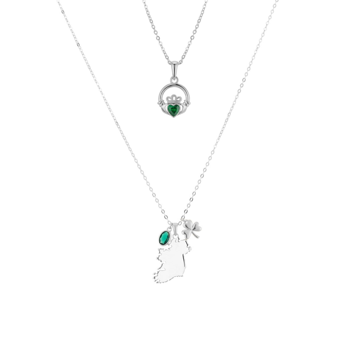 Silver Green Ireland Claddagh Necklace Set