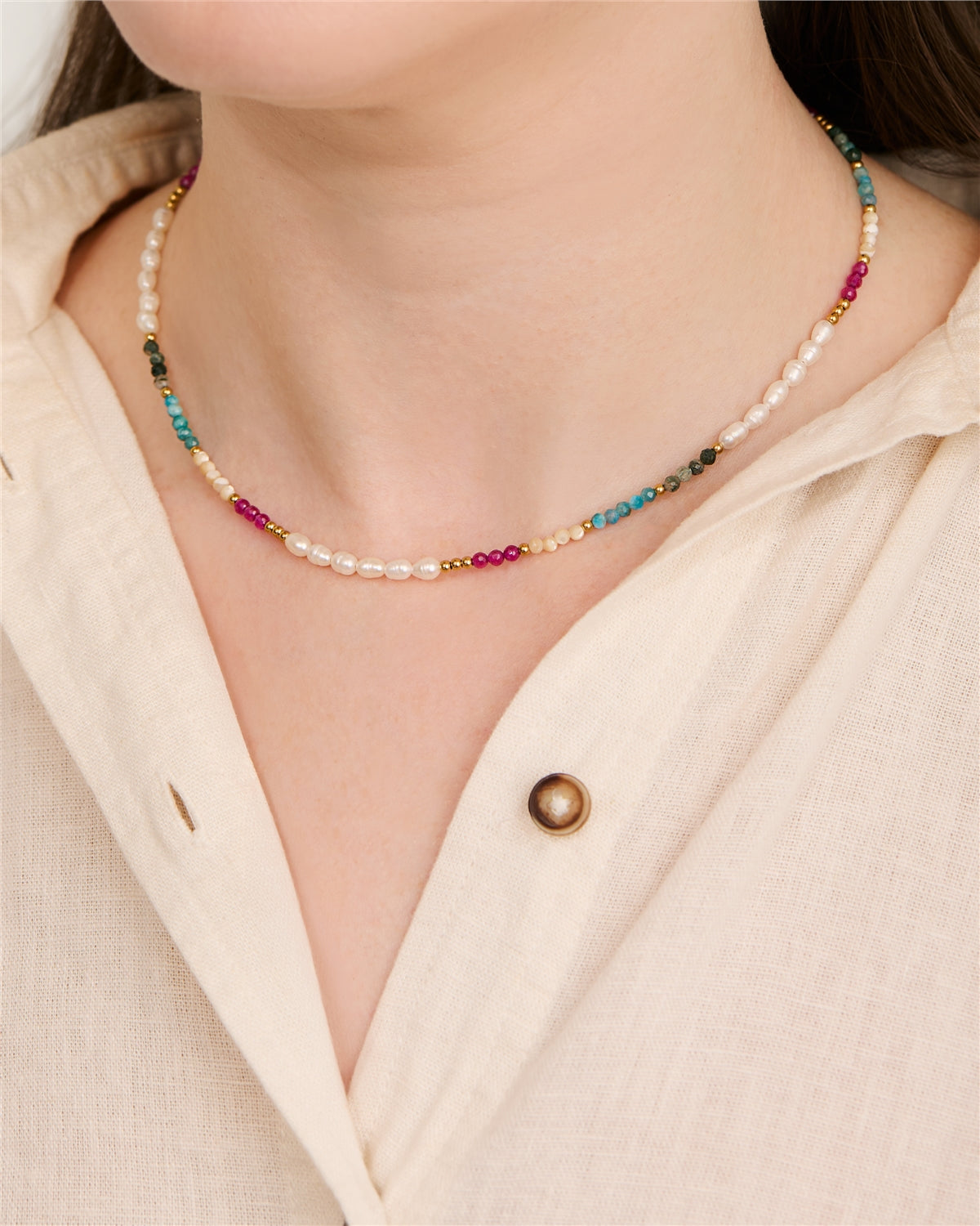 Over & Over Gold Stainless Steel 14k Plated Pink Bead Pearl Necklace
