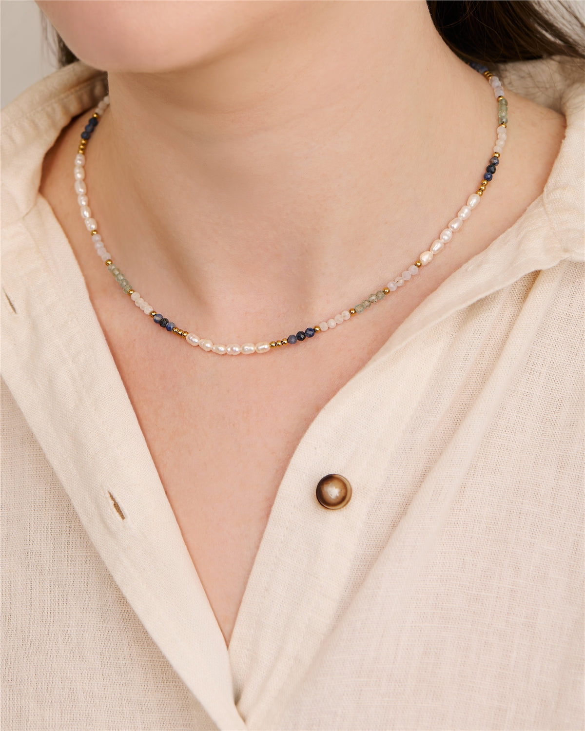 Over & Over Gold Stainless Steel 14k Plated Blue Bead Pearl Necklace