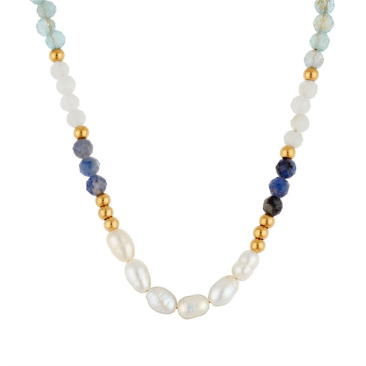 Over & Over Gold Stainless Steel 14k Plated Blue Bead Pearl Necklace