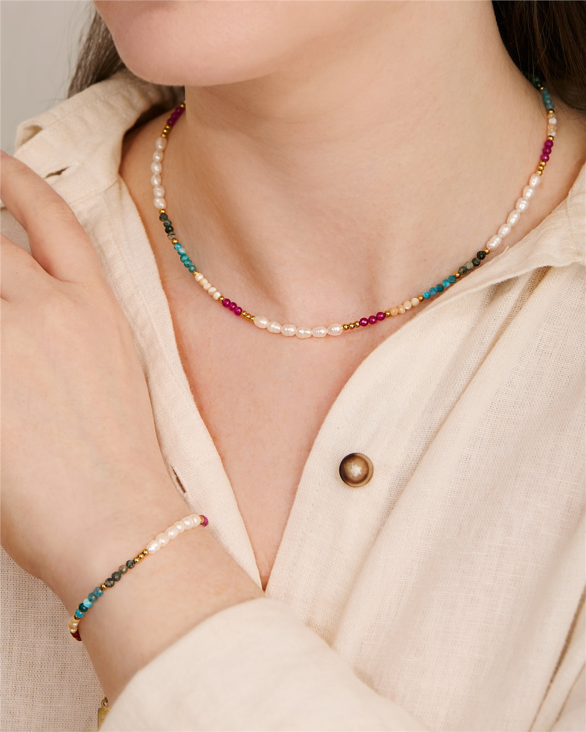 Over & Over Gold Stainless Steel Pink Beaded Pearl Set