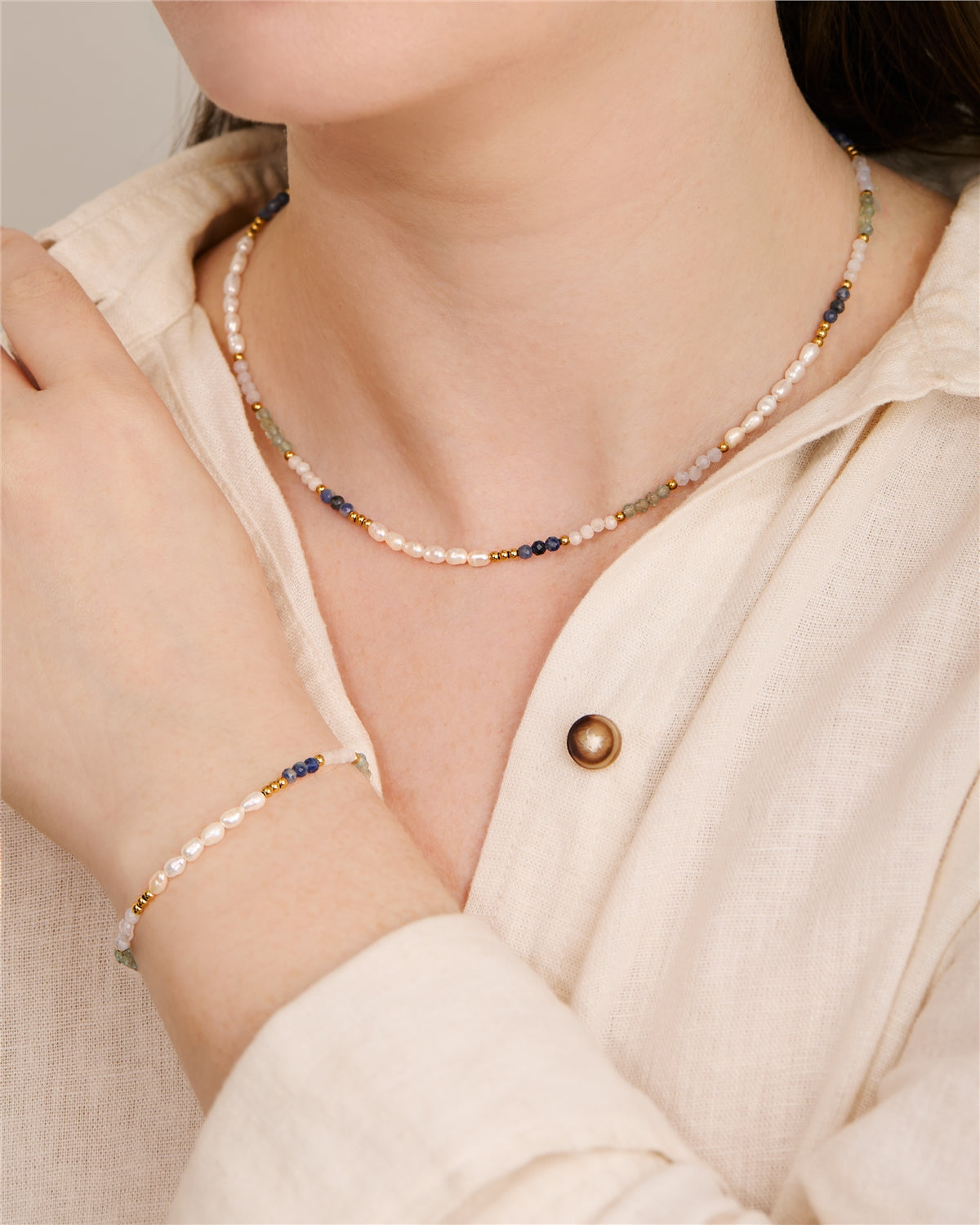 Over & Over Gold Stainless Steel Blue Beaded Pearl Set