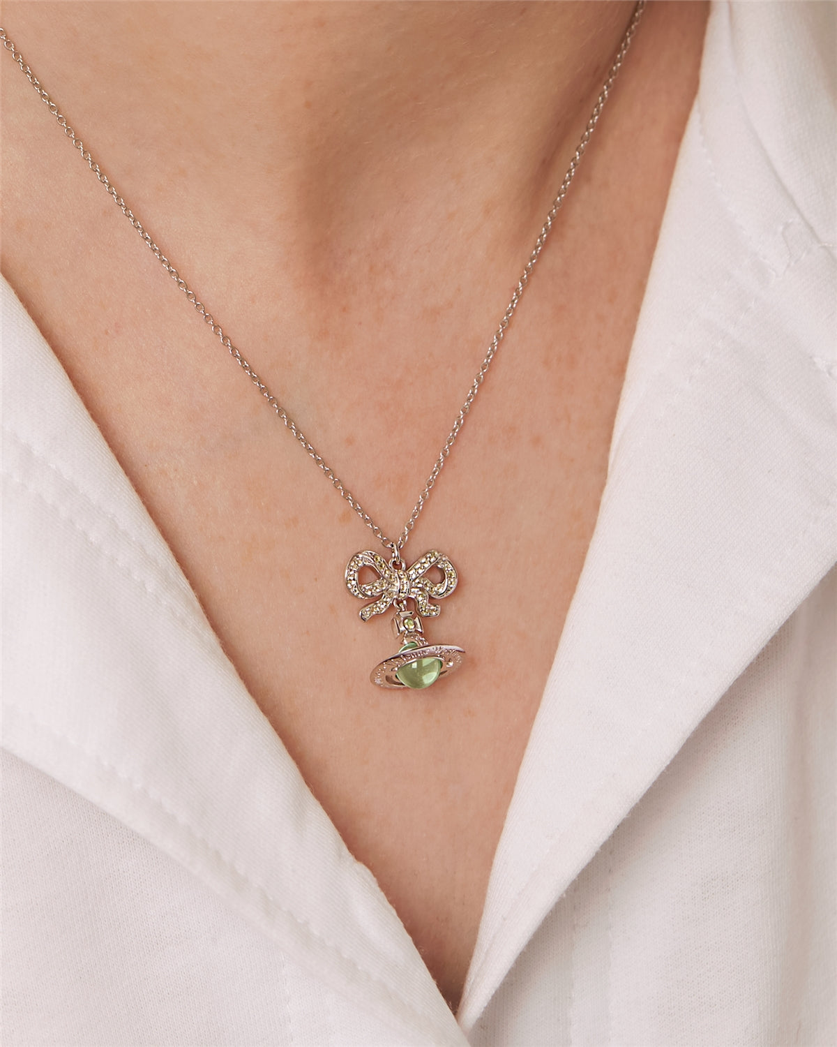 Vivienne Westwood Sterling Silver Green Bow Octavie Necklace