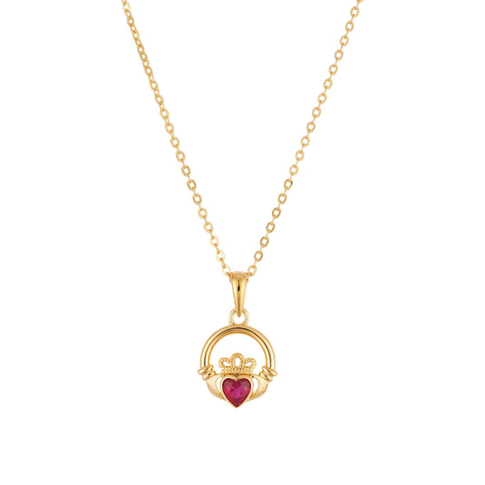 Argento Gold Birthstone July Ruby CZ Claddagh Necklace