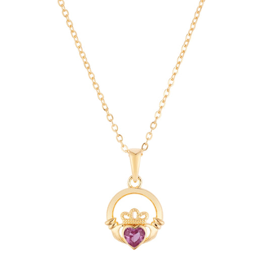 Argento Gold Birthstone June Pink CZ Claddagh Necklace