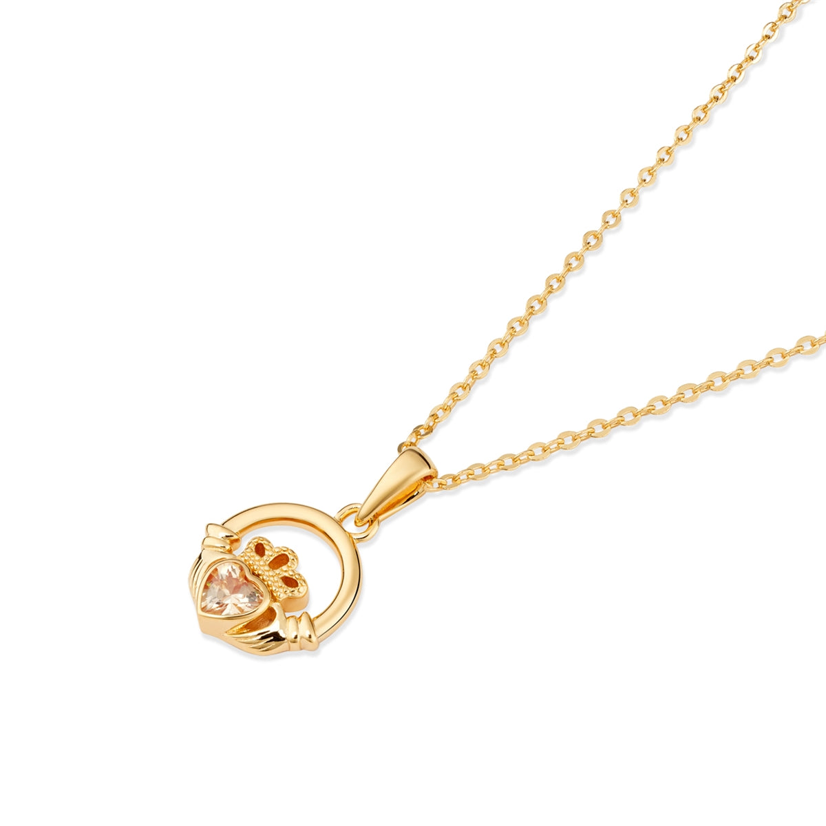 Argento Gold Birthstone November Champagne CZ Claddagh Necklace