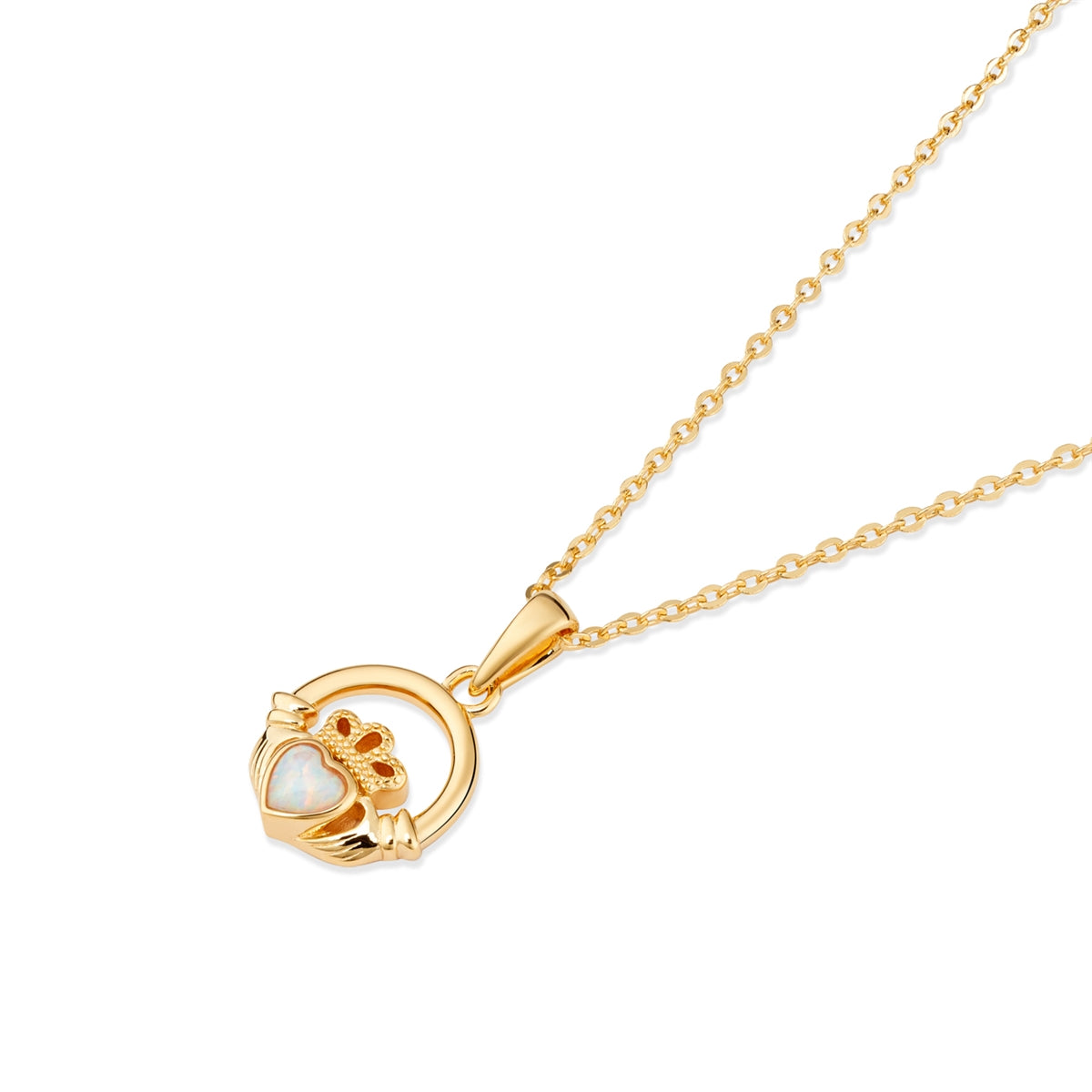 Argento Gold Birthstone October Opal CZ Claddagh Necklace